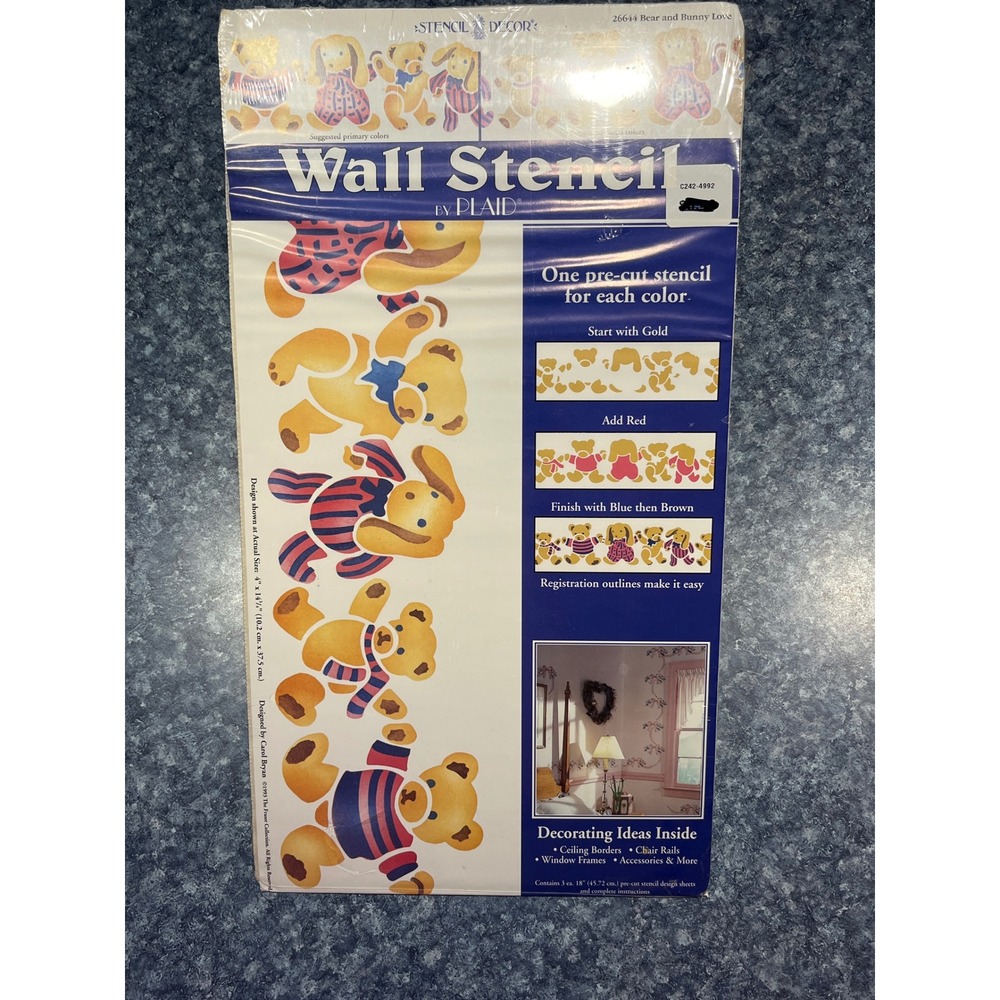 Vintage 1993 Plaid Stencil Decor Bear and Bunny Love Wall Stencil 26644 Nursery